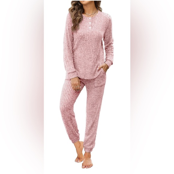 Cozy Ribbed Knit Lounge Set- Pink - Picture 2 of 5